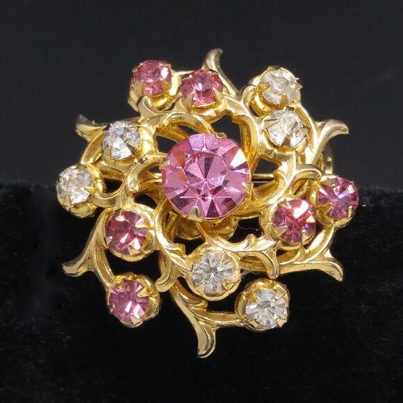 Coro Pink Rhinestone Brooch, Gold Plated Scatter Pin, 1940s Vintage Jewelry - Picture 2 of 10